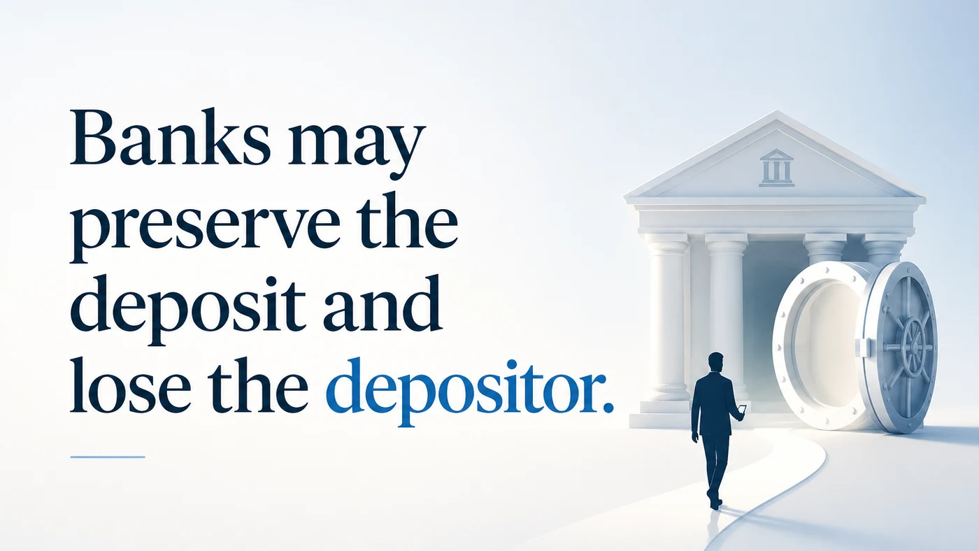 Banks may preserve the deposit and lose the depositor - a figure walking away from a bank building and its open vault.