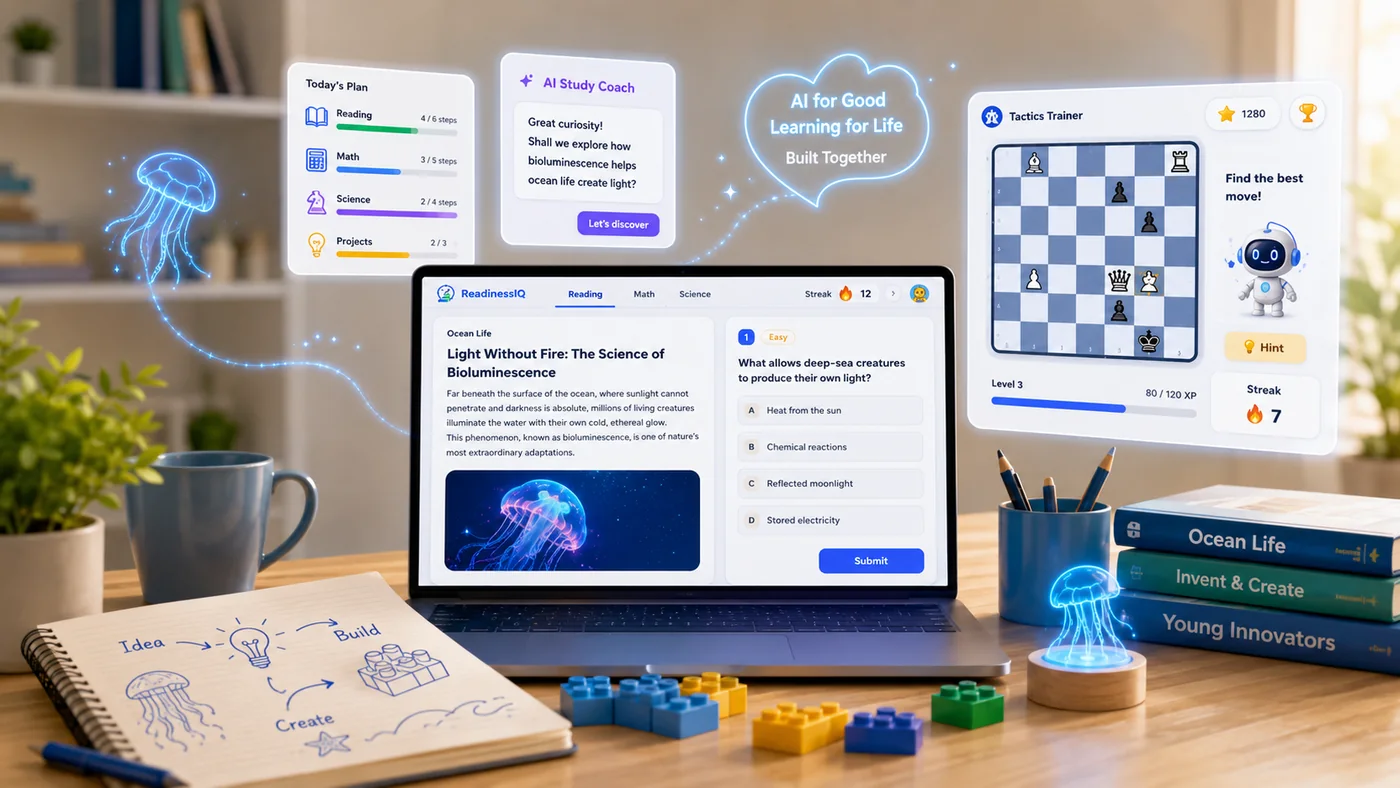 A desk scene showing the ReadinessIQ learning app and a chess Tactics Trainer, with the words AI for Good, Learning for Life, Built Together