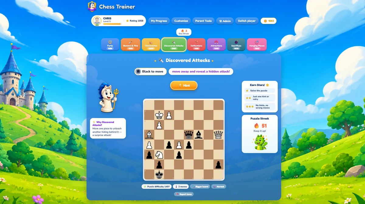 Chess Trainer app showing a Discovered Attacks puzzle with tactical categories, a hint button, streaks, and rewards