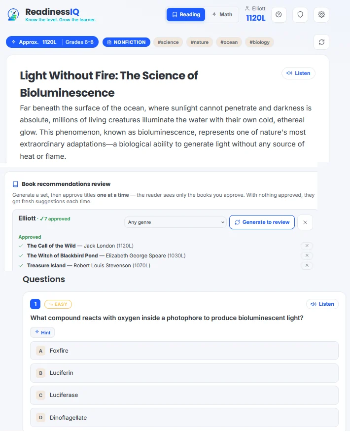 ReadinessIQ app showing a reading passage on bioluminescence, comprehension questions, and book recommendations